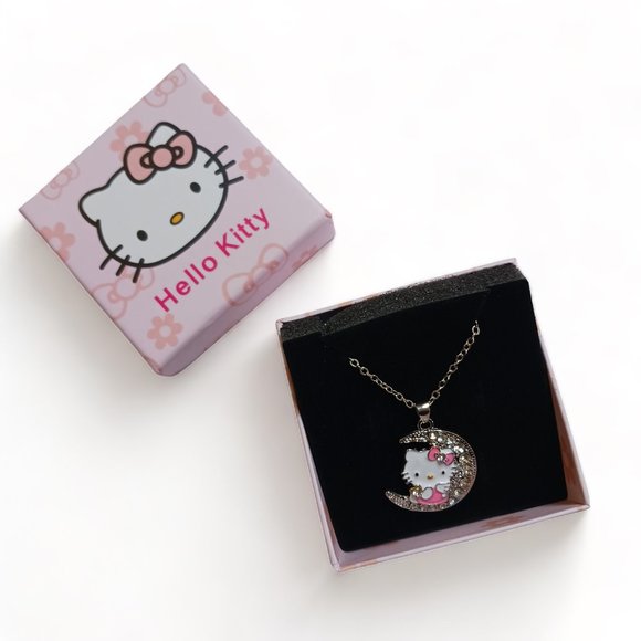 Hello Kitty Enamel Rhinestone Crystal Crescent Moon Necklace - Picture 4 of 5
